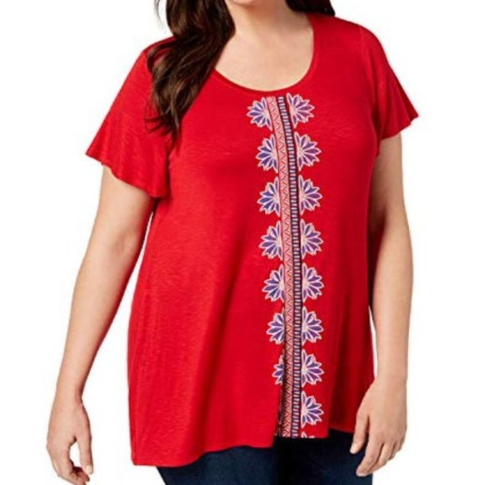 Style & Co. Red Short Sleeve Tee with Blue Floral Embroidery